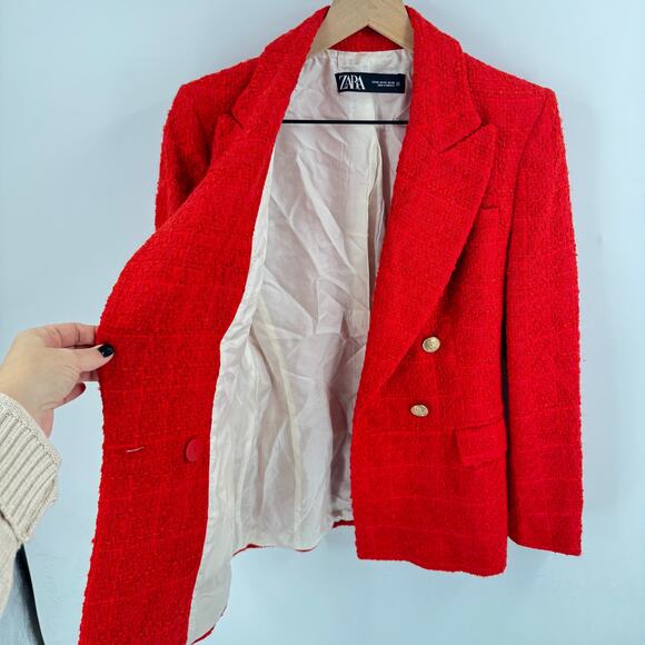 Zara Red Tweed Double Breasted Blazer Gold Buttons XS Holiday Party Chic - Picture 6 of 7